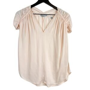 Vince Ruched Short Sleeve VNeck Silk Stretch Blouse Top Light Pink $265 - M